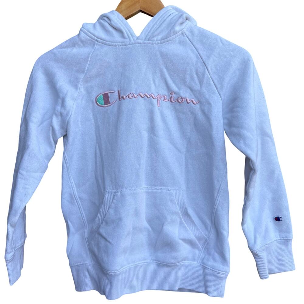 Champion Girls White Pink Mint Script Logo Fleece Pullover Hoodie Size M